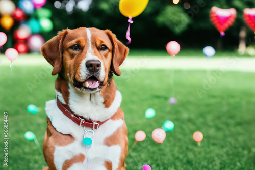 Dog's Birthday Celebration with Balloons at a Park Generative AI