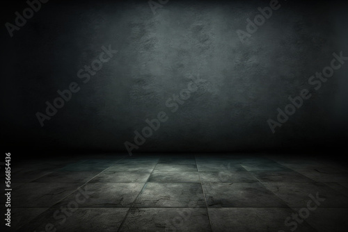 Dark concrete floor or an antique grunge background with black walls with a rough texture. Generative AI