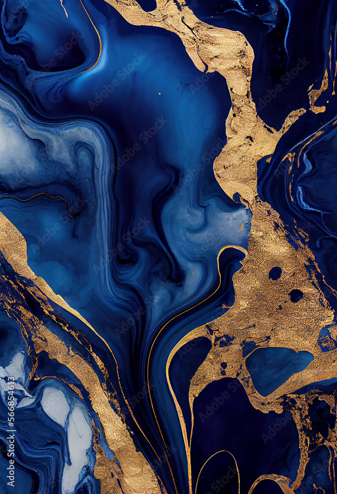 Abstract royal blue marble pattern texture design with golden veins