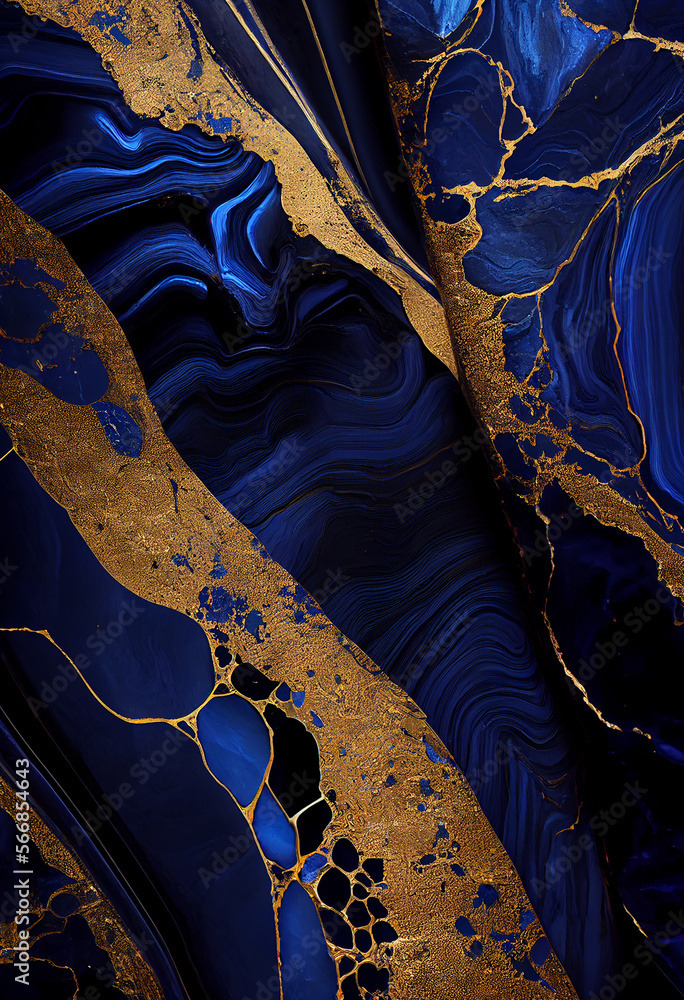 Abstract royal blue marble pattern texture design with golden veins