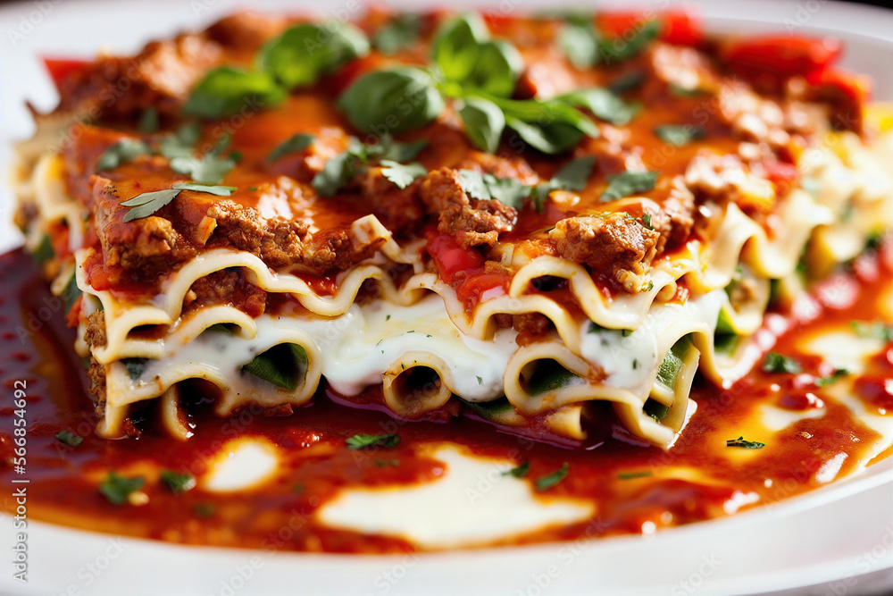 Close up shot of fresh italian lasagna on white plate isolated Generative AI Photo Close up shot of fresh italian lasagna on white plate isolated Generative AI Photo