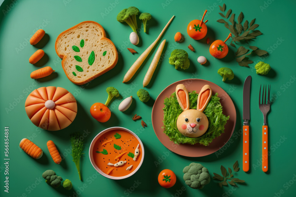 Easter food ideas for kids and youngsters that are hilarious, creative, and healthful. On a green table background, a bunny or rabbit formed of boiled chicken eggs, bread, peeled carrots, and greens i