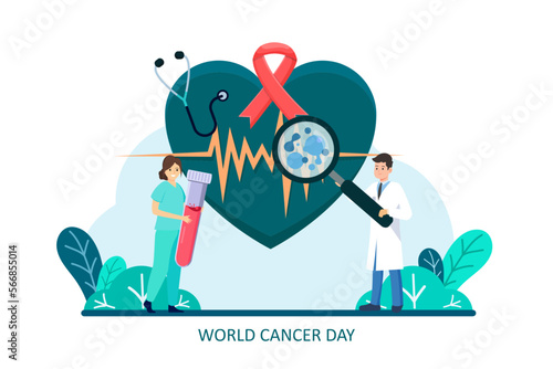 World cancer day. Health care and life insurance concept. World health day. Heart checking medical exam. Internal organ inspection check for illness cancer. Vector illustration