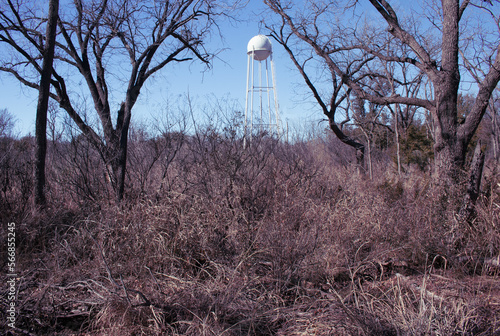 A tall white water storage tank in the middle of a dry draught stricken forest located at Abilene State Park in Texas