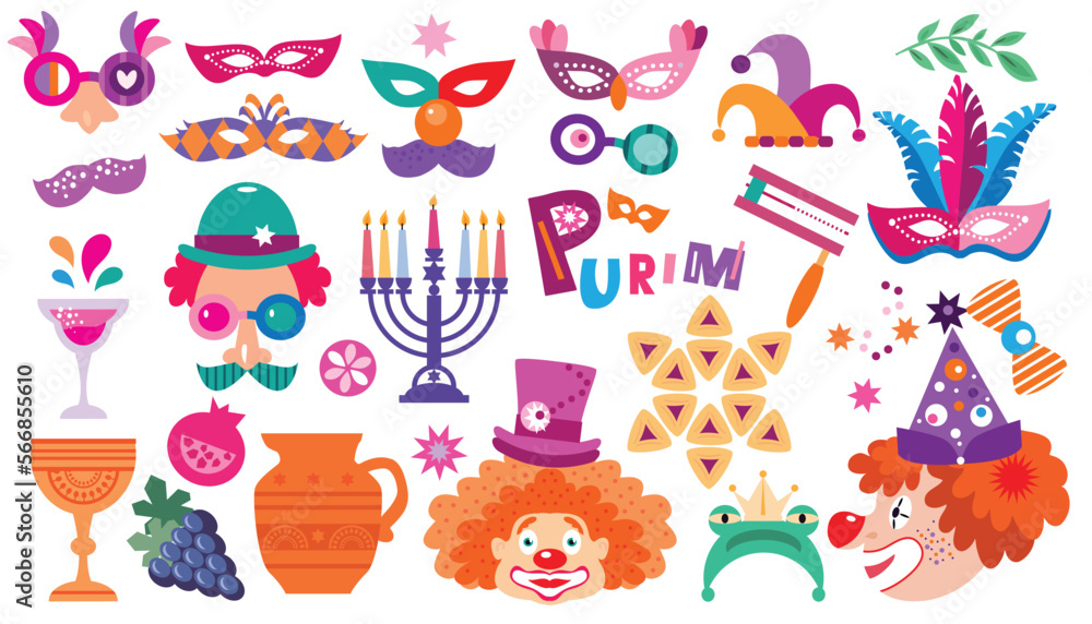 Purim set decor elements vector Purim set decor elements vector