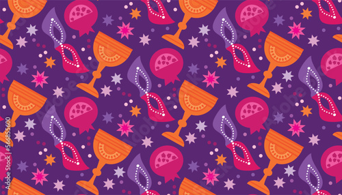 Happy Purim - holiday  jewish carnival  template seamless pattern  Carnival mask, Hamantashen, confetti, clown, garland, crown, firework  Vector festive  illustration