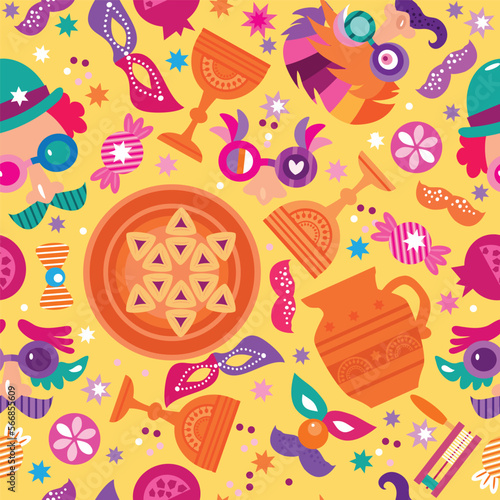 Happy Purim - holiday  jewish carnival  template seamless pattern  Carnival mask, Hamantashen, confetti, clown, garland, crown, firework  Vector festive  illustration