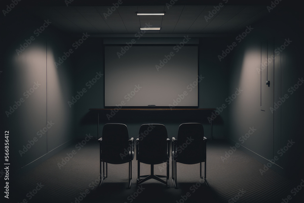 A projection screen at the front of a dark meeting room with chairs