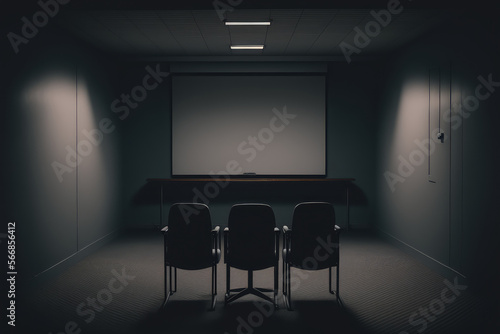 A projection screen at the front of a dark meeting room with chairs neatly stacked against the wall, generative ai