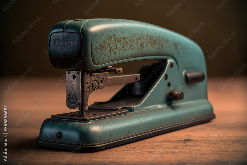 Close-up of an antique stapler with patina on metal body, generative ai Close-up of an antique stapler with patina on metal body, generative ai