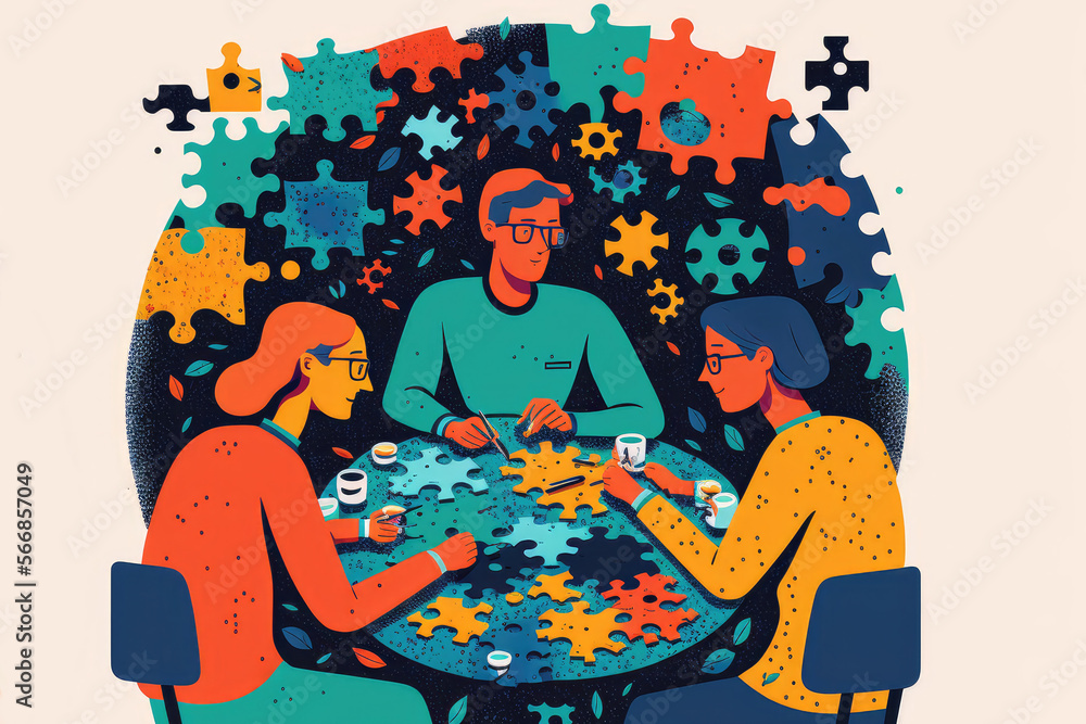 Focused employees deeply engaged in working on a jigsaw puzzle, exchanging ideas and pieces, generative ai