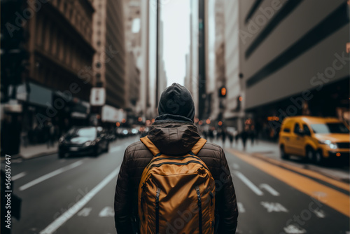 A man with a backpack walking down a city street, Generative Ai