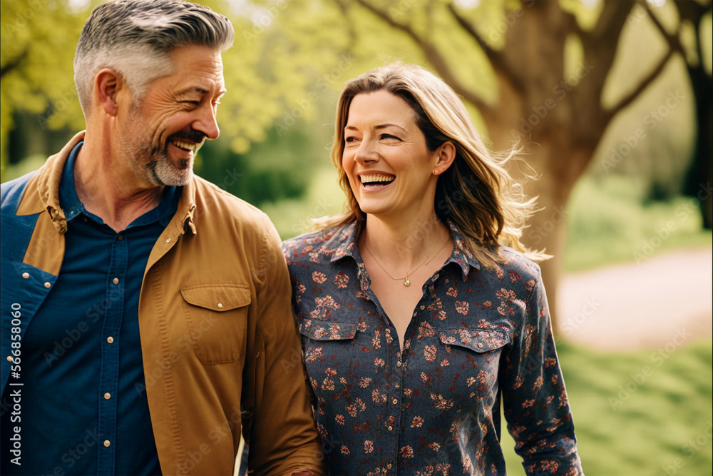 Fototapeta premium Beautiful happy middle aged love couple outside in a park (AI Generated)