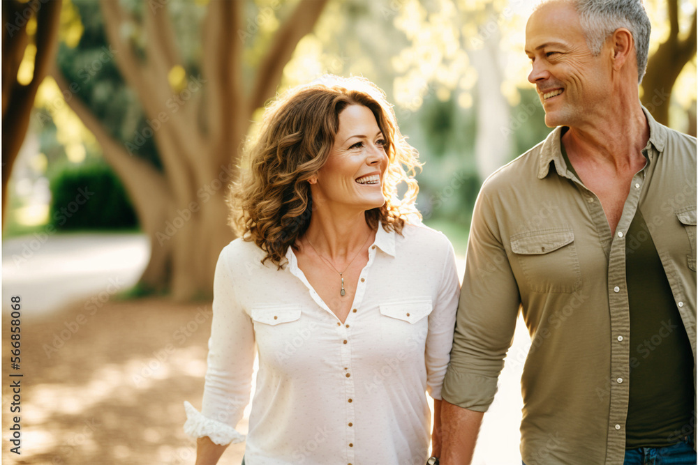 Fototapeta premium Beautiful happy middle aged love couple outside in a park (AI Generated)