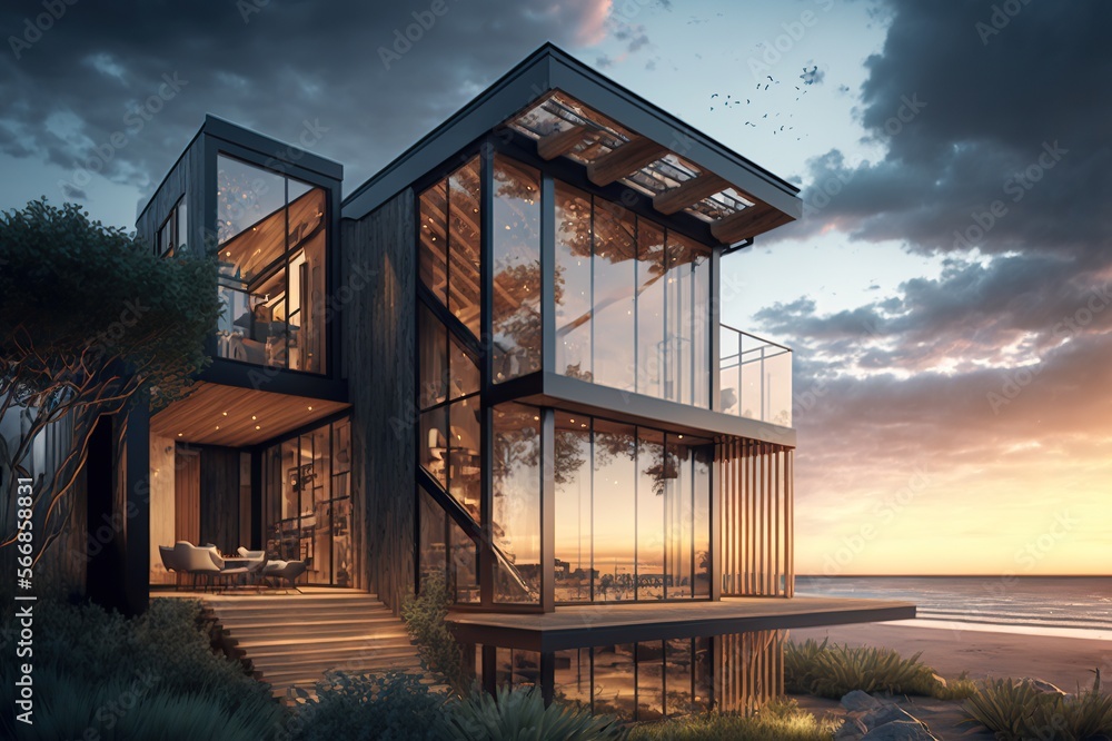 Modern house with panoramic windows in the beach, AI Generative Modern house with panoramic windows in the beach, AI Generative
