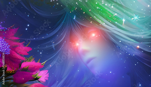 Ethereal Head with Green and Blue Hair In Sky Overlooks  Pink and Blue Flowers Generated AI Illustration