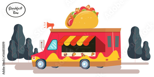 Mobile restaurant fast food truck vector. Illustration of food catering truck, restaurant vehicle