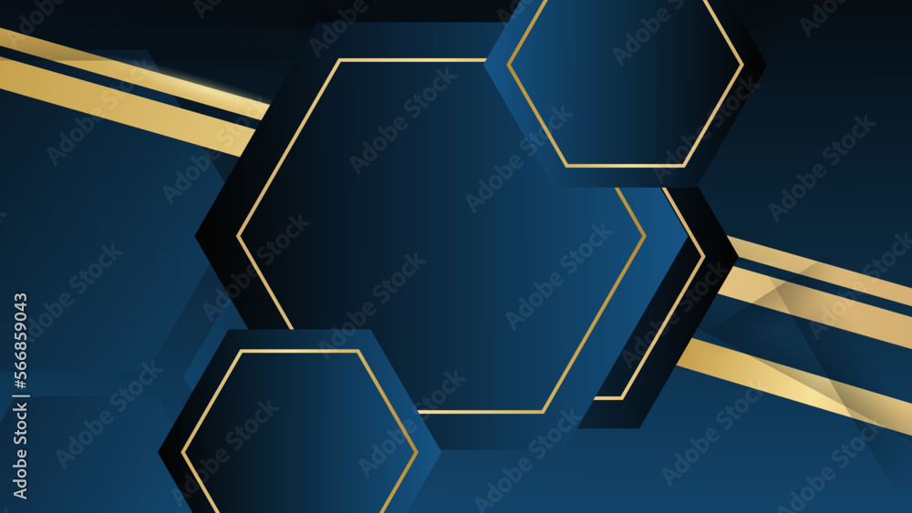 Dark blue hexagon vector background design. Simple object with golden lines element. Suit for poster, cover, banner, flyer, brochure.