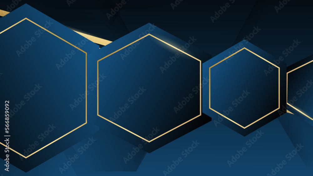 Dark blue hexagon vector background design. Simple object with golden lines element. Suit for poster, cover, banner, flyer, brochure. Dark blue hexagon vector background design. Simple object with golden lines element. Suit for poster, cover, banner, flyer, brochure.