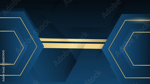 Dark blue hexagon vector background design. Simple object with golden lines element. Suit for poster, cover, banner, flyer, brochure.