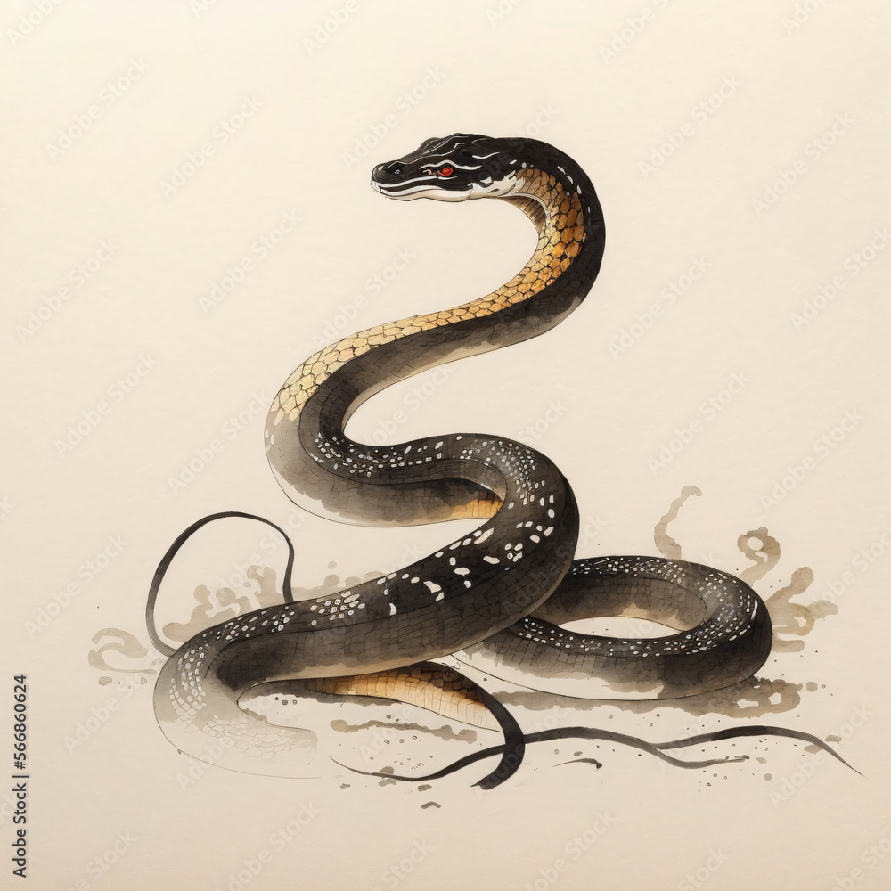 Fototapeta premium snake ink on paper drawing sumi-e style illustration Generative Ai