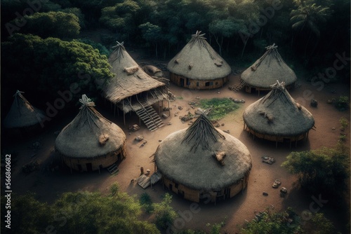 Aerial view of indigenous tribe huts in forest, Digital illustration, Generative AI
 photo