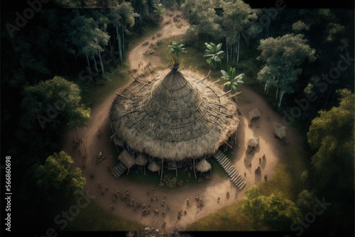 Aerial view of indigenous tribe huts in forest, Digital illustration, Generative AI
 photo
