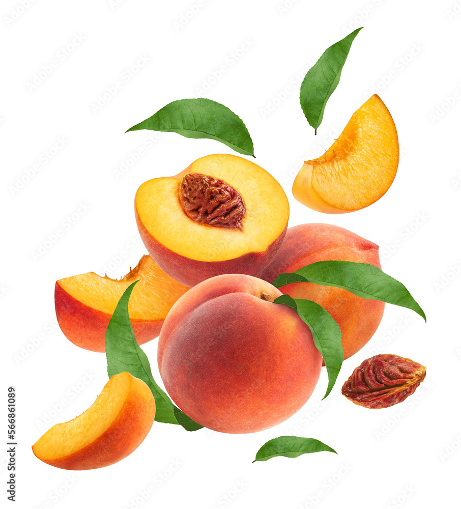 Flying ripe peaches and peach slices with green leaves on a withe ...