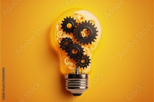 Light bulb with gears, creativity and innovation concept, yellow background, Digital illustration, Generative AI 