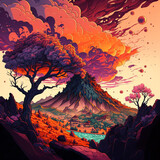 cartoon of a volcano explosion on and pink and purple sunset sky Generative Ai