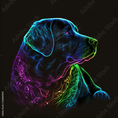 neon colorful portrait of a Labrador retriever dog isolated on a black background Generative Ai