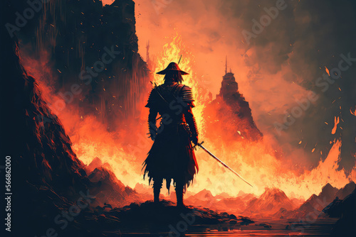 illustration painting of Samurai standing on stairway in night fire forest background.  ai generated 