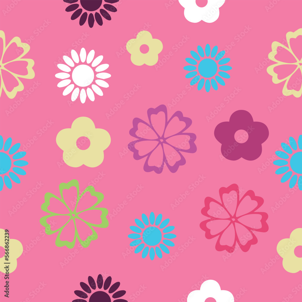 Colorful flowers on pink background. Pattern for design
