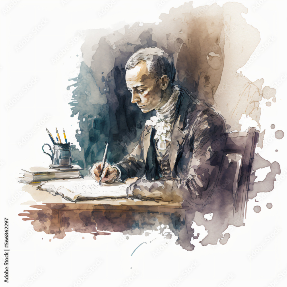 Immanuel Kant philosopher writing about morals and politics watercolor painting illustration isolated on a white background Generative Ai