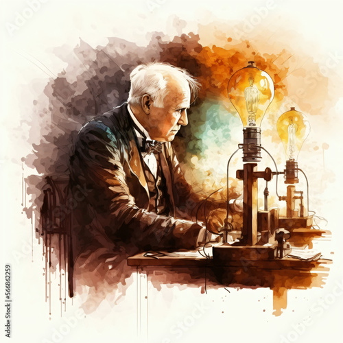 Foto Thomas Edison experimenting with electricity watercolor painting illustration is