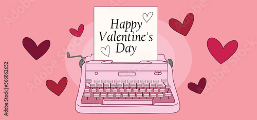 Retro typewriter with text HAPPY VALENTINE'S DAY on pink background