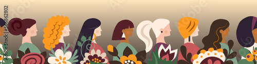Group of different women with flowers on grey background. Pattern for design