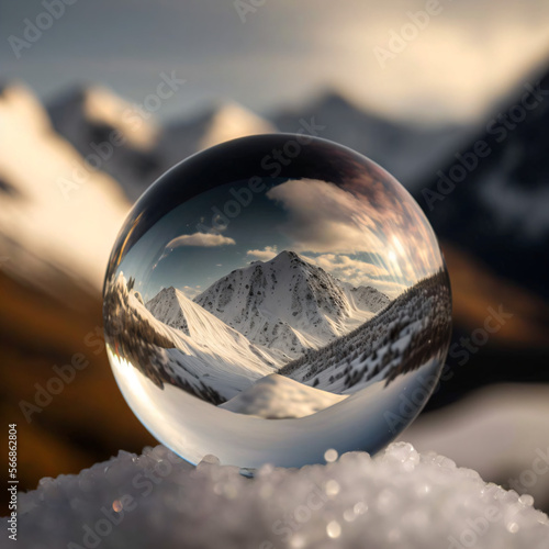 snowy moutnain range landscape is seen through a crystal ball Generative Ai photo