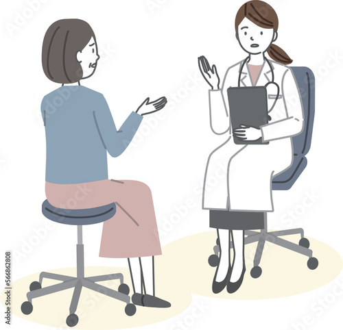 女性の医者と体調を説明するシニアの女性患者