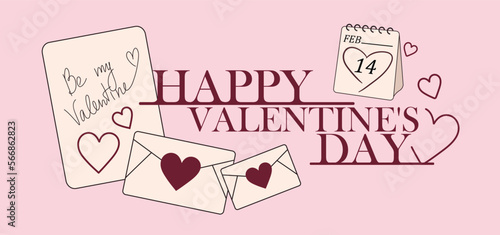 Letters, calendar and text HAPPY VALENTINE'S DAY on pink background