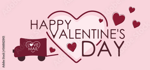 Mail truck with text HAPPY VALENTINE'S DAY on light pink background