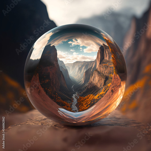 canyon landscape is seen through a crystal ball Generative Ai