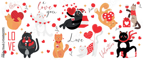 Set of cute cats with wine and hearts on white background. Valentine's Day celebration