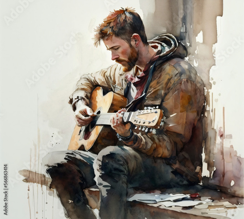 watercolor painting of a man playing the guitar on the street wearing a brown worn jacket Generative Ai