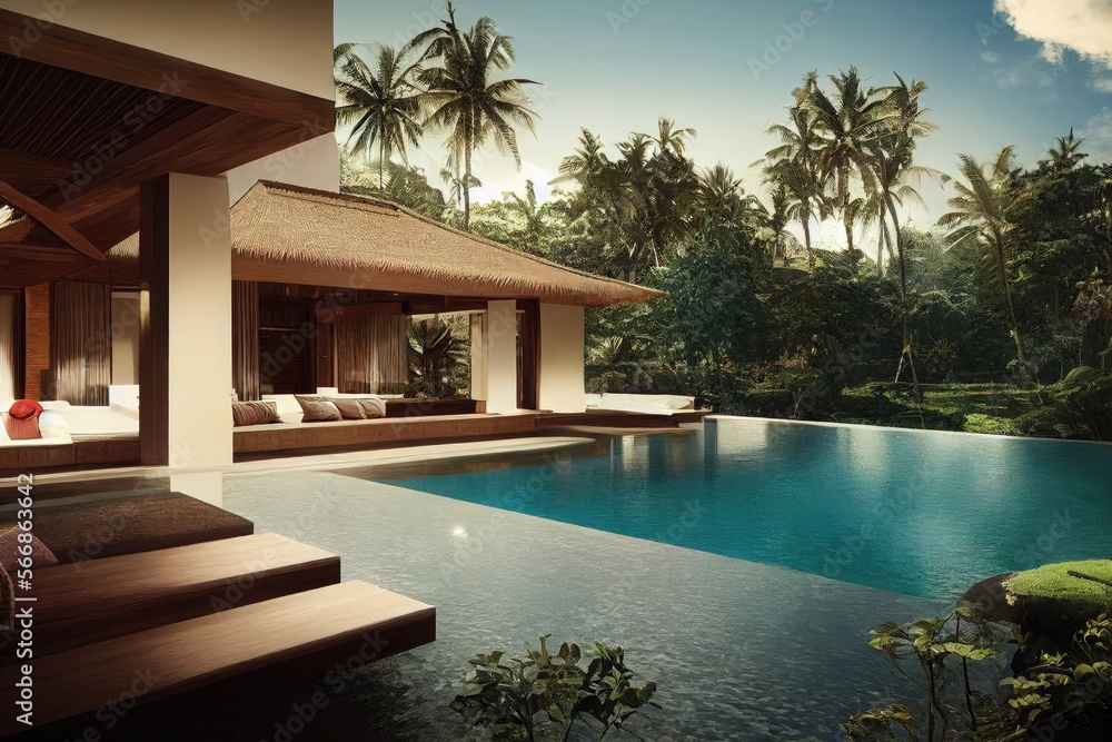 Luxury with tropical Jungle villa resort luxurious swimming pool. Generative AI illustration - obrazy, fototapety, plakaty 