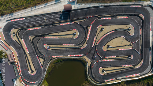 Fényképezés Aerial top view race kart track, Track for auto racing top view, Car race asphalt and curve grand prix street circuit, Aerial view asphalt race track