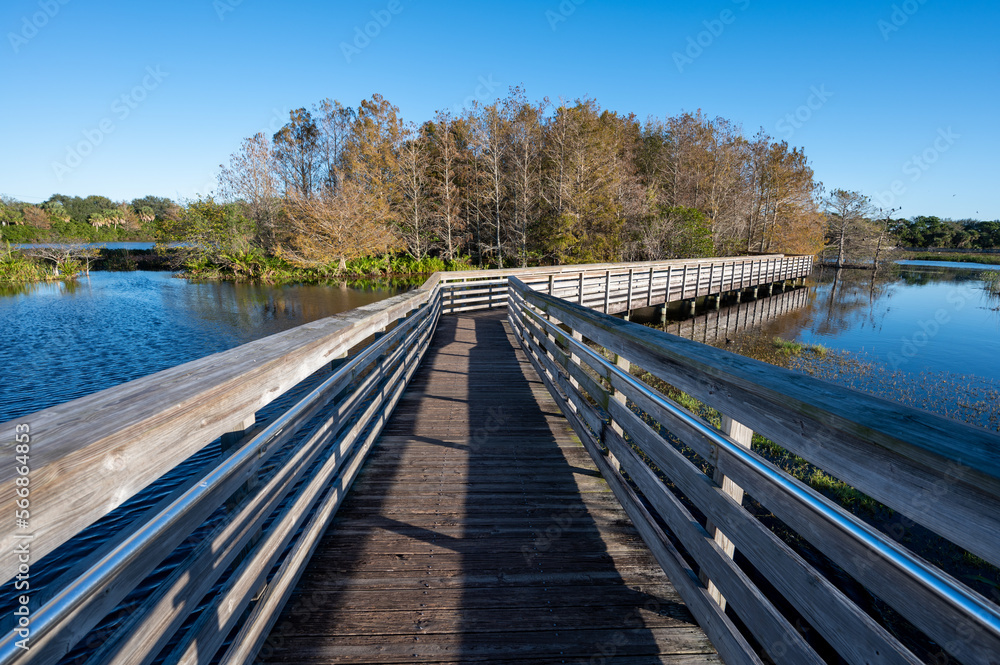 Elevated boardwalk at Green Cay Nature Center and Wetlands in Boynton Beach, Florida on clear cloudless sunny morning.