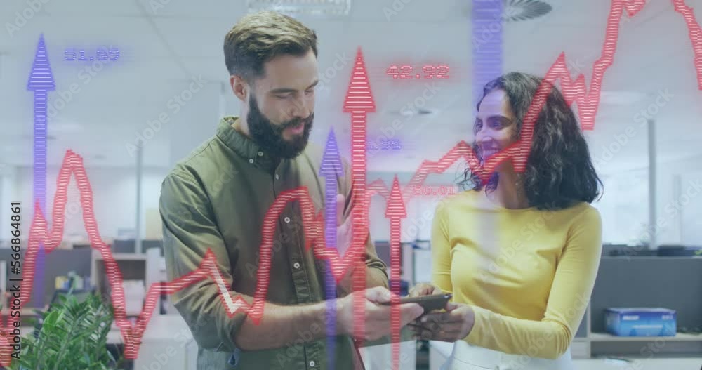 Animation of arrows and financial data processing over diverse business people in office Animation of arrows and financial data processing over diverse business people in office