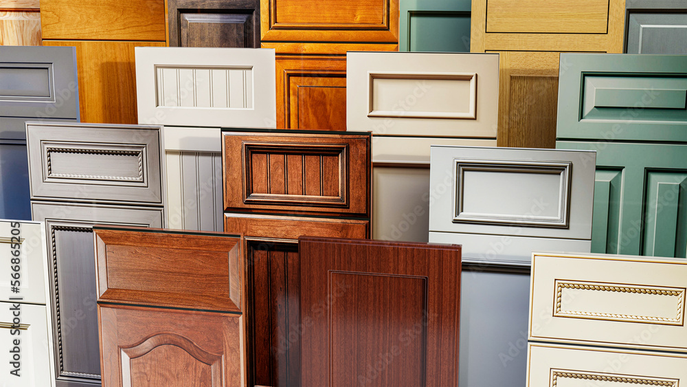 wooden cabinet door samples on a store disply - obrazy, fototapety, plakaty 