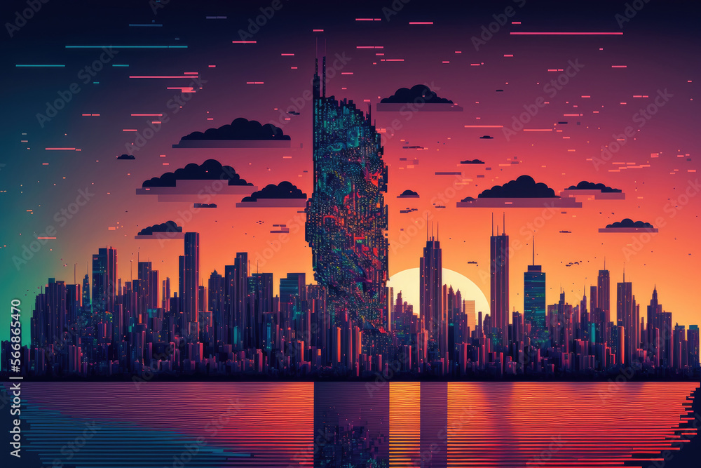 Chicago's downtown skyscrapers, the Lake Michigan skyline, the port area, and the sunset are all visible in this United States image. Concept of artificial intelligence. machine learning, business, an